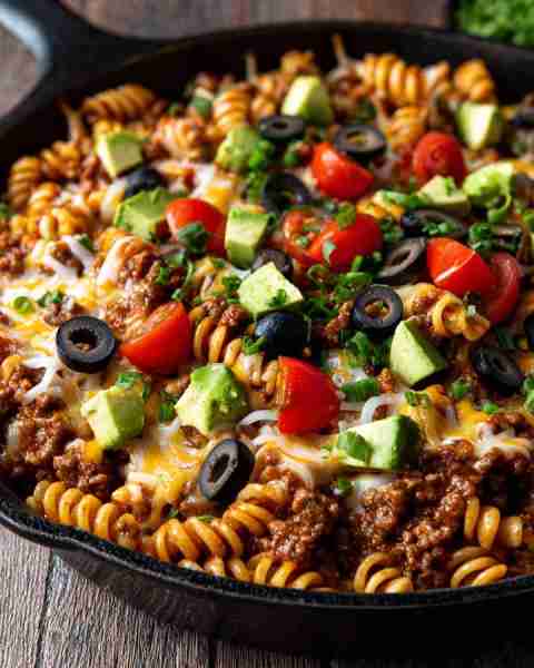 Cheesy, creamy, and packed with shell noodles, ground beef, lots of tomatoes, and all your favorite...