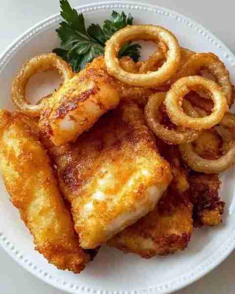 WOULD YOU EAT THIS TREMENDOUS CRISPY COD & GOLDEN ONION RINGS PLATTER Ingredients: For the Crispy Co...