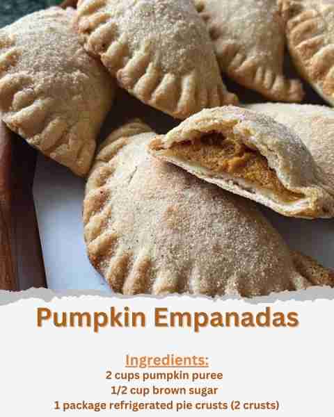 Pumpkin Empanadas Ingredients: - 2 cups pumpkin puree - 1/2 cup brown sugar - 1 teaspoon ground cinn...