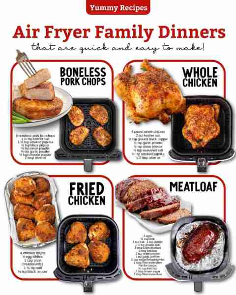 Easy Air Fryer Family Dinners that are quick and easy to make!! Ingredients 🟣 Boneless Pork Chops 5...