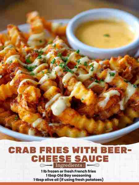 Crab Fries with Beer-Cheese Sauce Ingredients: 1 lb frozen or fresh French fries 1 tbsp Old Bay seas...