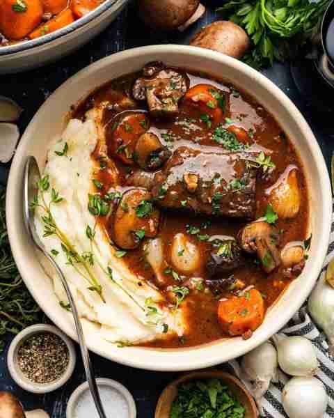 🧡 Beef Bourguignon (French Red-Wine Beef Stew) with Mashed Potatoes, Mushrooms, Onions, Garlic, Car...