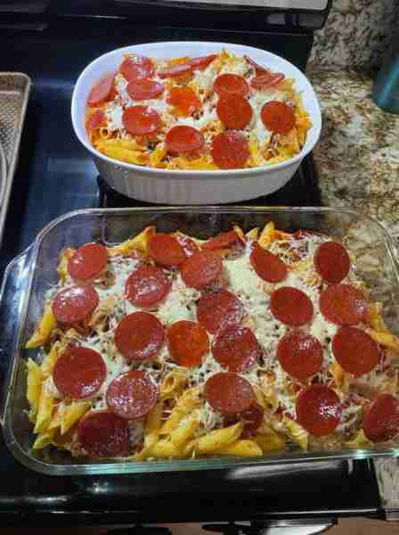 Pepperoni pizza pasta 😋😋 Ingredients: 1 box of pasta (we did 2 to stretch the meal) 1 -2 jars of p...