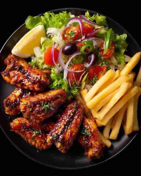 BBQ Chicken Wings with Crispy Fries & Fresh Garden Salad 😋 Ingredients: 🍗 Chicken wings 🧂 BBQ sau...