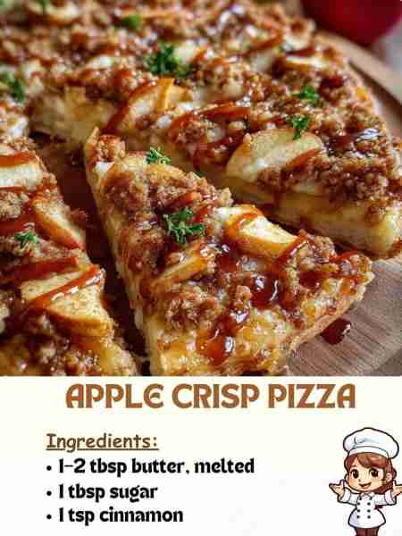 Apple Crisp Pizza Ingredients: 1–2 tbsp butter, melted 1 tbsp sugar 1 tsp cinnamon ...... Full Recip...