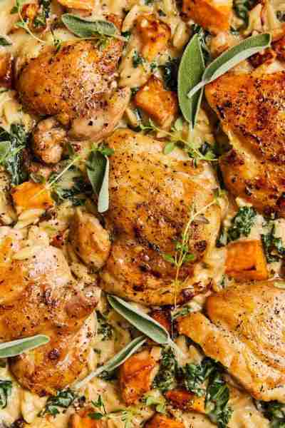 Chicken and Butternut Squash Orzo - Best kind of weeknight meal! Tender chicken, roasted butternut s...