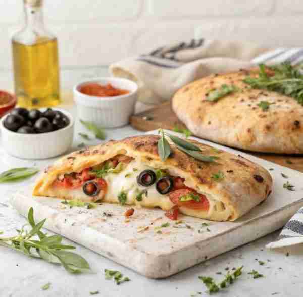 Golden, gooey, and loaded with Mediterranean flavors! 🫒🍅 This Italian calzone is basically pizza w...