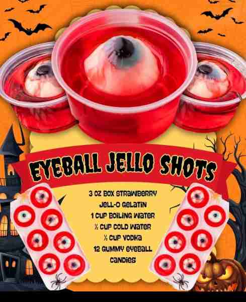 EYEBALL JELLO SHOTS! 3 oz box Strawberry Jell-O gelatin 1 cup boiling water ½ cup cold water ½ cup v...