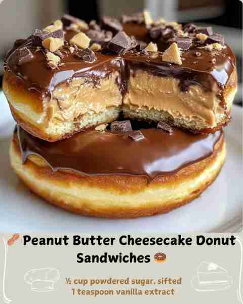 🥜 Peanut Butter Cheesecake Donut Sandwiches 🍩 Ingredients: 4 large, soft chocolate-glazed yeast do...
