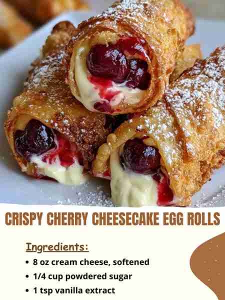 Crispy Cherry Cheesecake Egg Rolls Ingredients: 8 oz cream cheese, softened 1/4 cup powdered sugar 1...