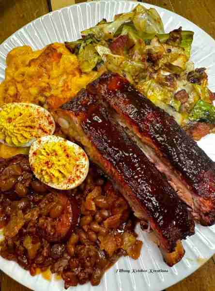 Ribs, baked Mac, cabbage, cowboy beans and deviled eggs 🔥🔥🔥🔥