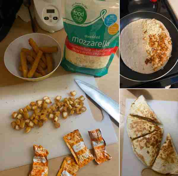 Frozen chicken fries, cheese, Taco Bell sauc, this Chicken quesadilla came out awesome