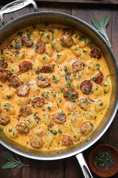 🍁Creamy Butternut Squash Gnocchi with Sausage, Thyme, and Sage.🍁 You can use canned pumpkin puree...