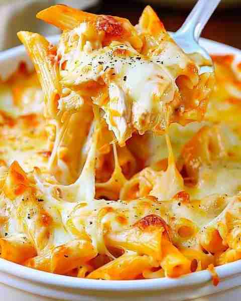 Cheesy Chicken Baked Ziti Ingredients: 300g ziti or penne pasta 2 cups cooked and shredded chicken 2...