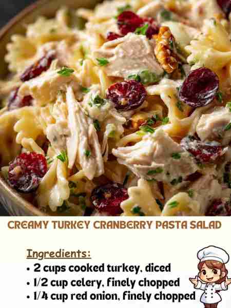 Creamy Turkey Cranberry Pasta Salad Ingredients: 2 cups cooked turkey, diced 1/2 cup celery, finely...