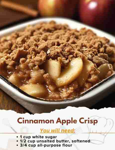 Cinnamon Apple Crisp Ingredients: - 1 cup white sugar - 1/2 cup unsalted butter, softened - 3/4 cup...