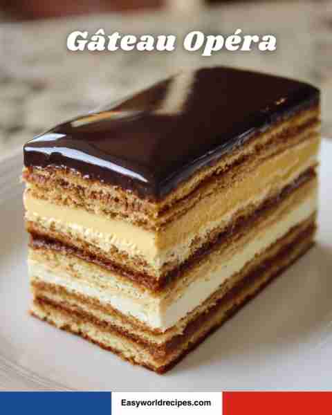 🍫🇫🇷 Gâteau Opéra A luxurious layered cake of almond sponge, coffee buttercream, and chocolate ganac...