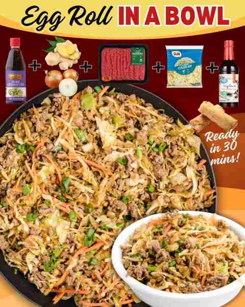EGG ROLL IN A BOWL! 1½ lb ground beef 1 onion diced finely 1 tbsp minced garlic 2 tbsp sesame oil ½...