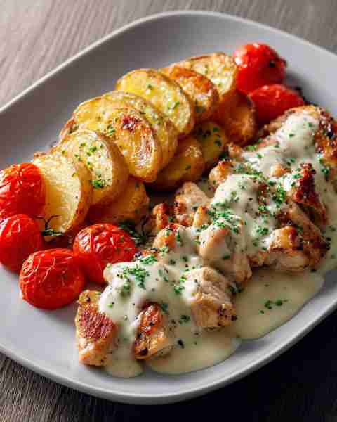 🔥 Creamy Garlic Chicken with Roasted Potatoes & Tomatoes 🍗🥔🍅 Prep time: 15 mins Cook time: 30 mi...