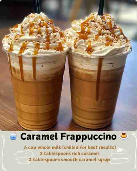 🥤 Caramel Frappuccino 🍮 Ingredients: 1 ¼ cups finely crushed ice (for optimal texture) ⅓ cup chill...