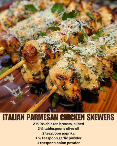 Italian Parmesan Chicken Skewers 2 ½ lbs chicken breasts, cubed 2 ½ tablespoons olive oil 2 teaspoon...