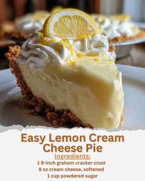 Easy Lemon Cream Cheese Pie Ingredients: - 1 9-inch graham cracker crust - 8 oz cream cheese, soften...