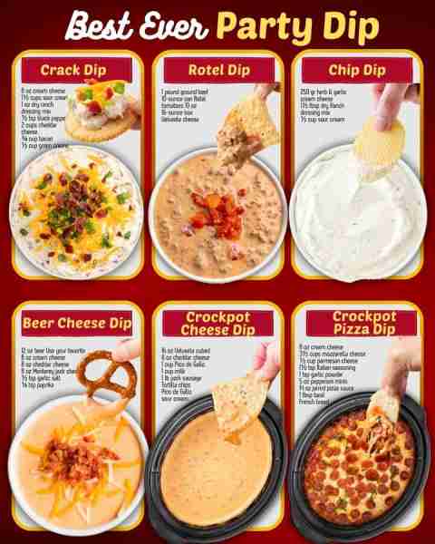 EASY PARTY DIP RECIPES! CRACK DIP: 8 oz cream cheese 1½ cups sour cream 1 oz dry ranch dressing mix...