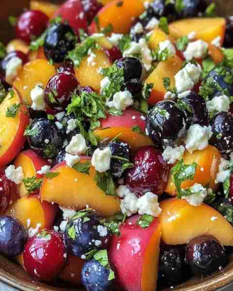 Blueberry Peach Feta Salad Ingredients 1 tbsp fresh basil (chopped) 1 pint fresh blueberries 2 ripe...
