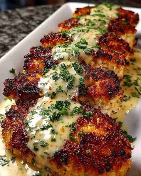 Parmesan Crusted Chicken with Creamy Garlic Sauce Ingredients: For the Chicken: 4 boneless, skinles...