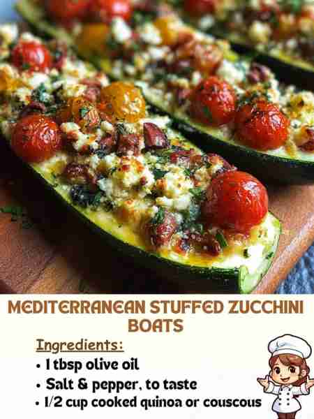 Mediterranean Stuffed Zucchini Boats Ingredients: 1 tbsp olive oil Salt & pepper, to taste 1/2 cup c...