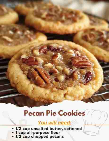 Pecan Pie Cookies Ingredients: - 1/2 cup unsalted butter, softened - 1/3 cup brown sugar, packed - 1...