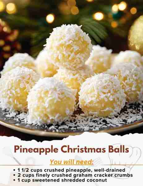 Pineapple Christmas Balls Ingredients: - 1 1/2 cups crushed pineapple, well-drained - 2 cups finely...