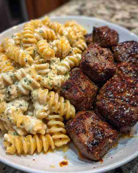 Garlic Butter Steak Tips with Cheesy Rotini in Cheddar Sauce Ingredients: 1 ½ lbs sirloin or ribeye...