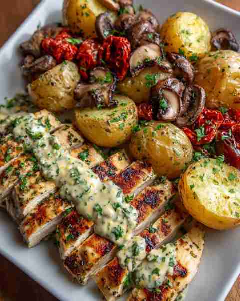 🔥 Grilled Chicken with Creamy Herb Sauce, Roasted Potatoes & Mushrooms 🍗🥔🍄 Prep time: 20 mins Co...