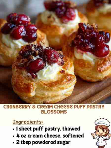 Cranberry & Cream Cheese Puff Pastry Blossoms Ingredients 1 sheet puff pastry, thawed 4 oz (115 g) c...