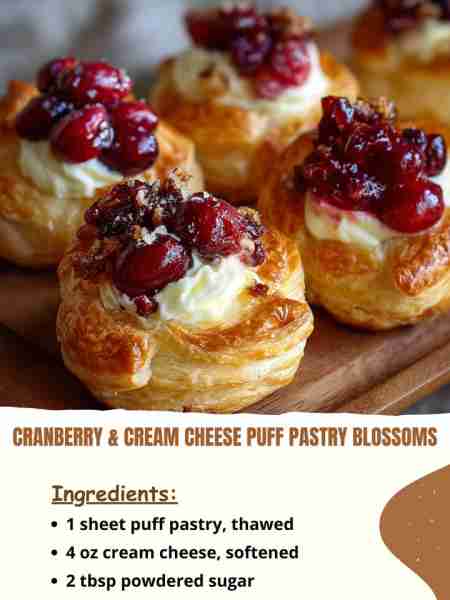 Cranberry & Cream Cheese Puff Pastry Blossoms Ingredients 1 sheet puff pastry, thawed 4 oz (115 g) c...