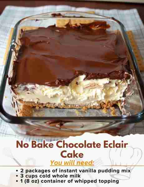 No Bake Chocolate Eclair Cake Ingredients: - 2 (3.4 oz) packages of instant vanilla pudding mix - 3...