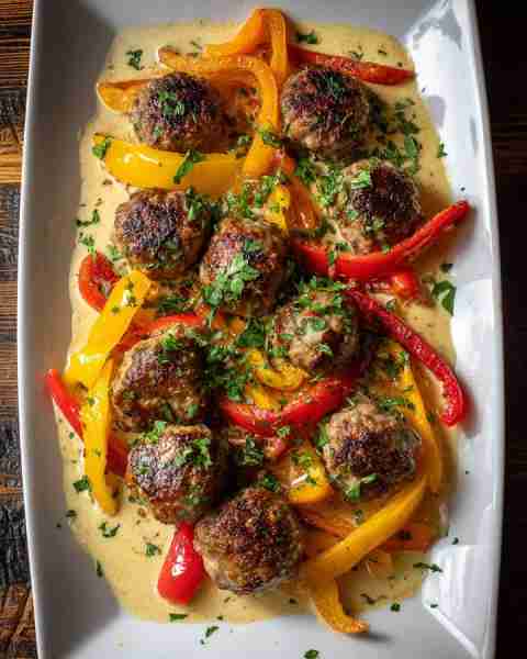 🔥 Creamy Bell Pepper Meatballs with Garlic Herb Sauce 🧄🌶️🥩 Prep time: 20 mins Cook time: 25 mins...