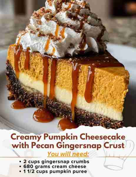 Creamy Pumpkin Cheesecake with Pecan Gingersnap Crust Ingredients: Pecan Gingersnap Crust: - 2 cups...