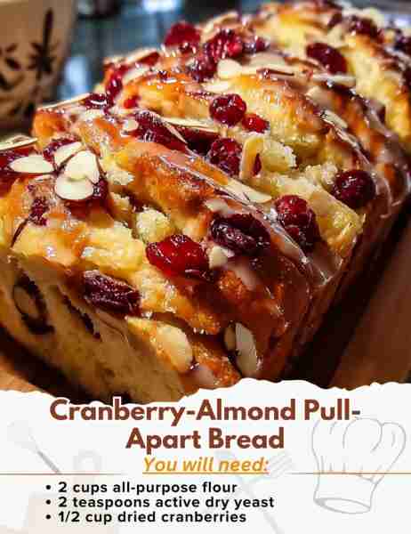 Cranberry-Almond Pull-Apart Bread Ingredients: - 2 cups all-purpose flour - 2 teaspoons active dry y...