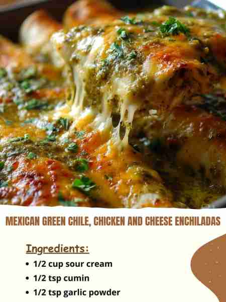 Mexican Green Chile, Chicken and Cheese Enchiladas Ingredients 1/2 cup sour cream 1/2 tsp cumin 1/2...