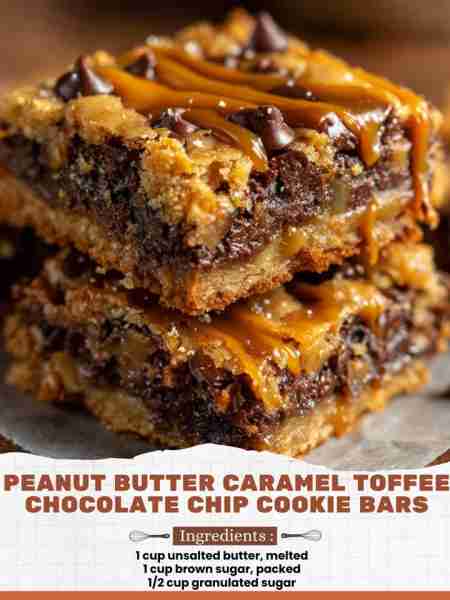 Peanut Butter Caramel Toffee Chocolate Chip Cookie Bars Ingredients: 1 cup unsalted butter, melted 1...