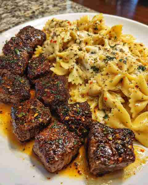 Garlic Butter Steak Tips with Cheesy Bowtie Pasta in Sauce Ingredients: 1 ½ lbs sirloin or ribeye st...