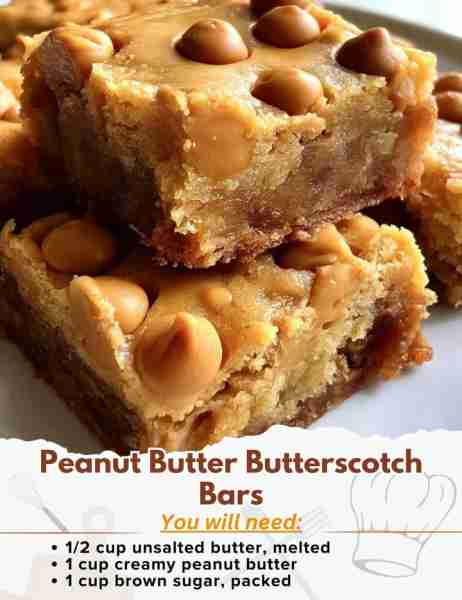 Peanut Butter Butterscotch Bars Ingredients: - 1/2 cup unsalted butter, melted - 1 cup creamy peanut...