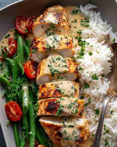 Tried this and instantly saved it — Creamy Herb Chicken with Rice & Green Beans 🍗🍚🥗