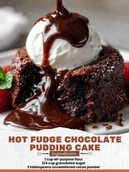 Hot Fudge Chocolate Pudding Cake Ingredients: 1 cup all-purpose flour ¾ cup granulated sugar 2 table...