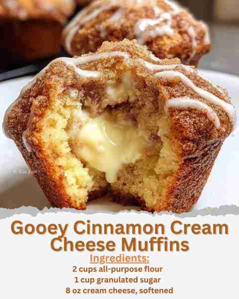 Gooey Cinnamon Cream Cheese Muffins Ingredients: - 2 cups all-purpose flour - 1 cup granulated sugar...