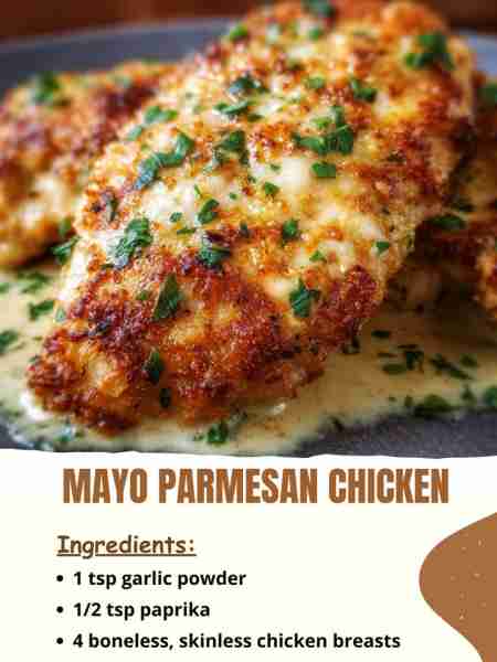 Mayo Parmesan Chicken Ingredients 1 tsp garlic powder 1/2 tsp paprika 4 boneless, skinless chicken b...