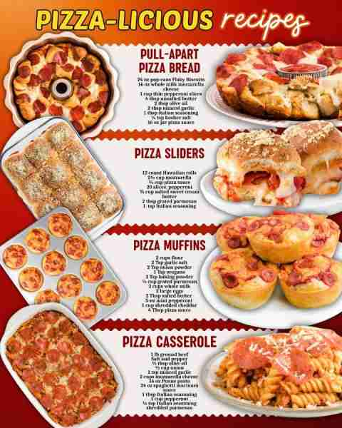 PIZZA 4 WAYS! Pull Apart Pizza Bread: 24 oz pop-cans Flaky Biscuits 16 oz whole milk mozzarella chee...
