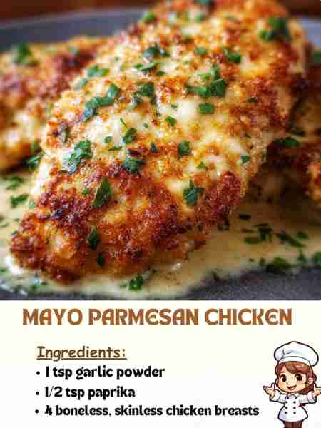 Mayo Parmesan Chicken Ingredients 1 tsp garlic powder 1/2 tsp paprika 4 boneless, skinless chicken b...